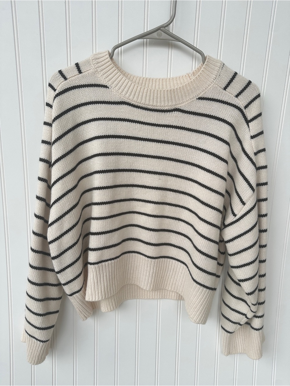 Tahari Cream and Black Striped Crewneck Sweater